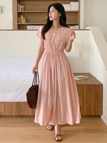 Women's Solid Color Round Neck Raglan Short Sleeve Midi Dress - Pink - View 5