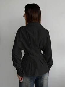 Aloruh Women's Solid Black Casual Business Loose Waist Pleated Collar Long Sleeve Shirt, Autumn/Winter Women's Black Shirt - Black - View 2
