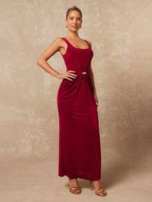 Lumalex Vestido ajustado con cintura fruncida y brillo metálico suave para decoración de primavera temprana, para mujeres, atuendos de vacaciones, cumpleaños, invitada de boda, fiesta de boda, verano, vacaciones en la playa, aspecto de lujo, fiesta de graduación, fiesta, banquete, modesto, fiesta de Al-Adha, festival con capas ricas - Rojo - Ver 6