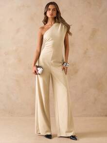 SHEIN BAE Bộ đồ liền thân ống rộng ôm sát vai bất đối xứng màu đen dành cho nữ, trang phục thanh lịch khi đi chơi hàng ngày, hẹn hò, tiệc tùng, tụ tập - Màu be - Xem 3