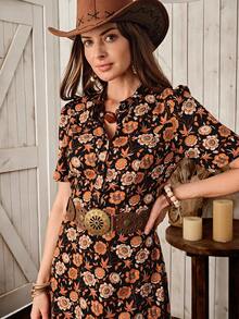 Wildy 波西米亚风夏季复古印花中长连衣裙，休闲美式西部乡村风格女装 - 彩色 - 查看 11