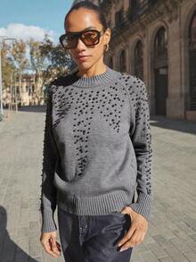 Maija Women's Dark Gray Mock Neck Studded Design Sweater, Versatile, Casual, Comfortable, Loose Fit, Raglan Sleeve, Long Sleeve Top, Sparkling Studded Accent, Business Casual, Office Wear Street-Cool, Holiday Vacation Summer Going Out Graduation - Grey - View 6