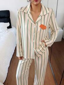 Dream Adore 条纹撞色口袋女士长袖睡衣套装 - 米色 - 查看 4