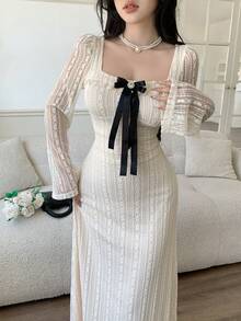 Feyla 女士优雅通勤连衣裙，饰有蝴蝶结蕾丝 - 黑與白 - 查看 7