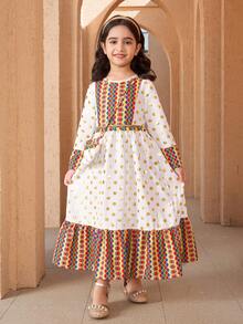 SHEIN Young Girls' Dress, Featuring Beige Base Fabric With Golden Polka Dots, Colorful Geometric Floral Panels On Bodice, Hem And Cuffs, Decorated With Colorful Tassels At Waist, Matching Printed Pouch, Suitable For Festivals And Cultural Events, Lightweight Fabric For Spring/Summer/Autumn