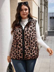 EMERY ROSE Chaleco/chaqueta casual reversible con cremallera y estampado de leopardo para mujer talla grande, para invierno - Multicolor - Ver 9