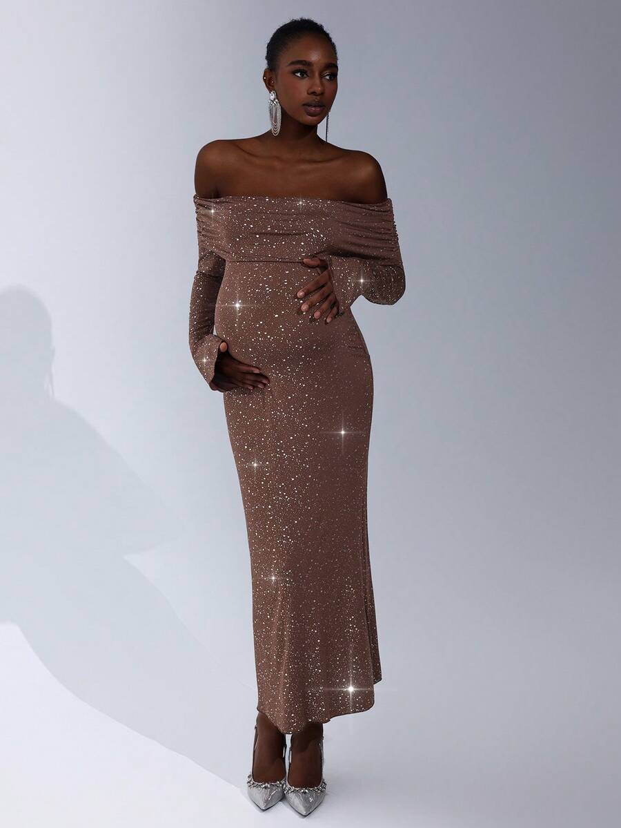 Cheriluna Maternity Maternity Photoshoot Long Sleeve Off-Shoulder Fitted Metallic Maxi Dress - Chocolate Brown - View 1