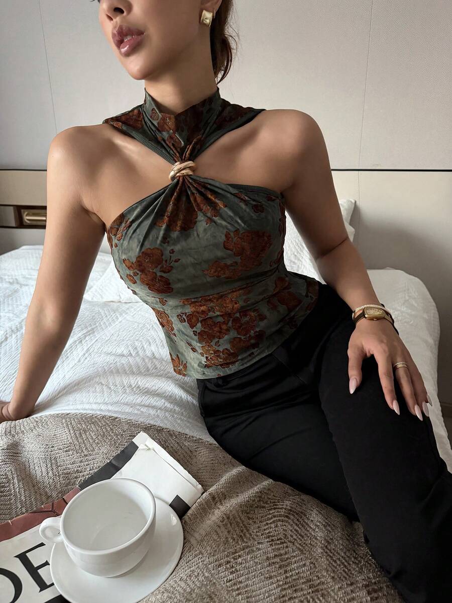 Islaluna Áo tank top nữ màu xanh lá cây in họa tiết, không tay, cổ cao, khóa kim loại, thắt eo, chất liệu co giãn, in họa tiết, thanh lịch và gợi cảm, thích hợp cho mùa xuân và hè, kỳ nghỉ hè, mùa xuân, ngày Valentine, dự tiệc, đi chơi, nghỉ mát. - màu xanh lá - Xem 1