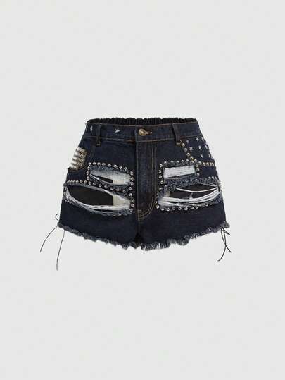 Grunge Punk Shorts vaqueros de talle bajo sexy con remaches, efecto desgastado y vintage, con cordones, para mujeres de talla grande, adecuados para festivales de música y fiestas