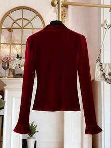 SHEIN Franclia 女士优雅通勤纯色蝴蝶结T恤 - 酒紅色 - 查看 4