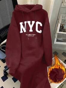 Resyla 女款酒紅色大尺碼曲線修身抓絨連帽洋裝，抽繩設計，紐約 NYC 字母印花，長袖衛衣圖案套裝，冬季穿搭 - 酒紅色 - 查看 1