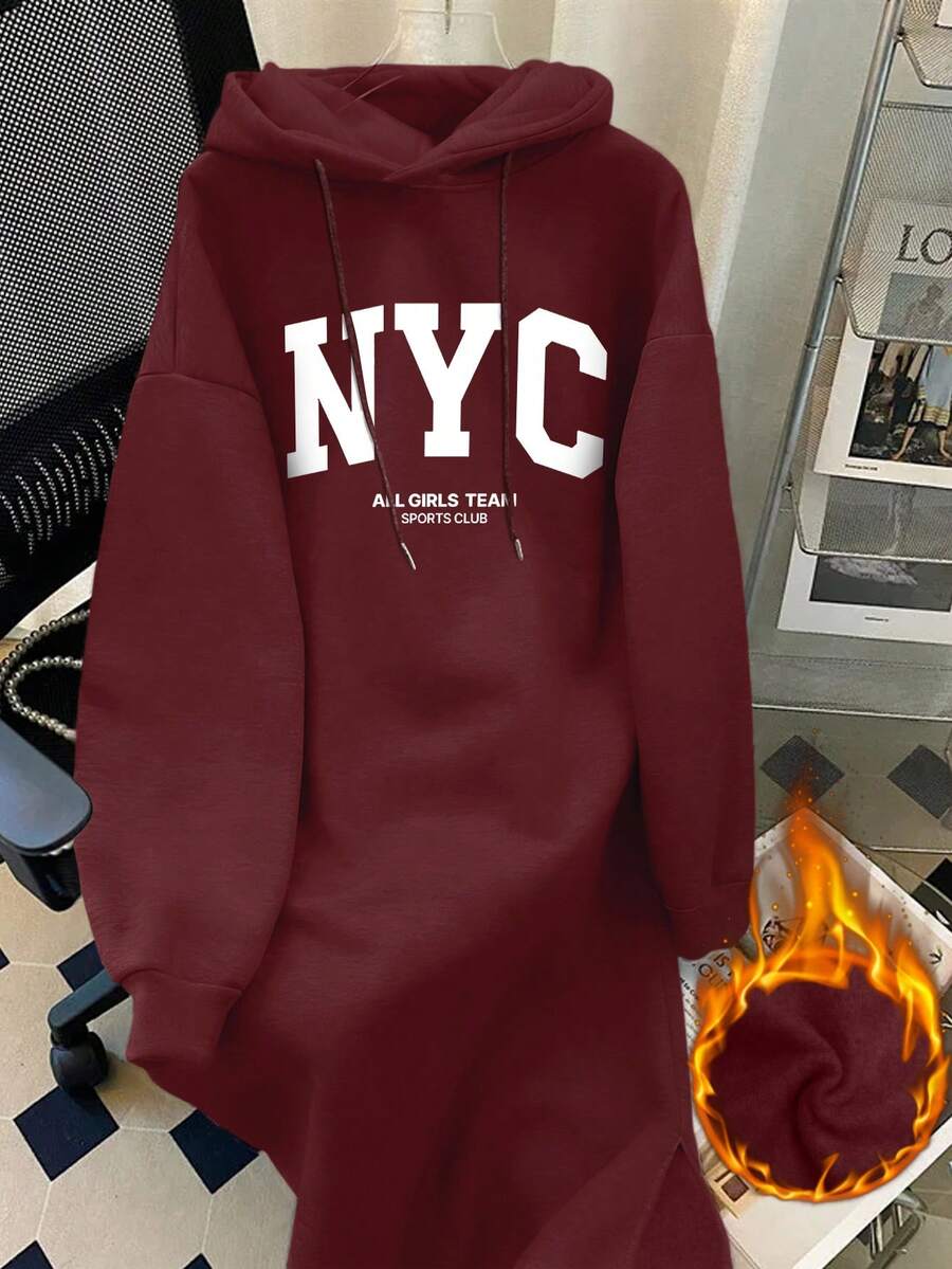 Resyla 女款酒紅色大尺碼曲線修身抓絨連帽洋裝，抽繩設計，紐約 NYC 字母印花，長袖衛衣圖案套裝，冬季穿搭 - 酒紅色 - 查看 1