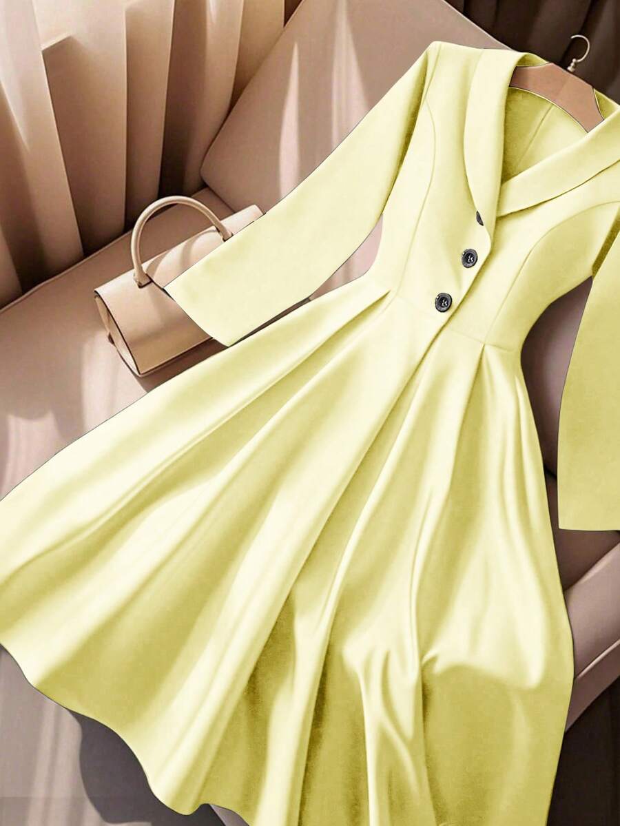 Franclia Váy suông xếp ly thanh lịch, ôm sát, ve áo, cạp cao một hàng khuy, dành cho nữ, Xuân/Thu - Vàng nhạt - Xem 1