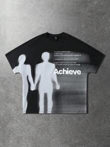 ROMWE MEN Goth 男士时尚卡通标语印花蝙蝠袖T恤，夏季 - 黑色 - 查看 1