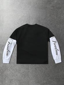 ROMWE MEN Spring Casual Graphic Men'S Casual Contrast Color Patchwork Angel Letter Print T-Shirt, Autumn - Black - View 4