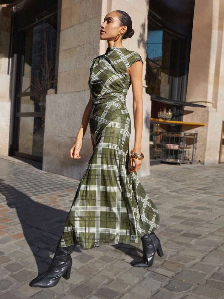 SHEIN Maija Vestido Midi Elegante MAIJA com Babado Franzido e Bainha Floral