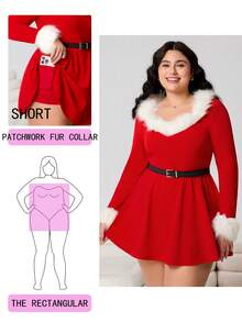 SHEIN EZwear 2025秋冬圣诞外出、约会、休闲、通勤、派对、居家、时尚都市、多场景、百搭、可外穿或内搭、白色毛领拼接、保暖、红色、大码连体裤 - 彩色 - 查看 1