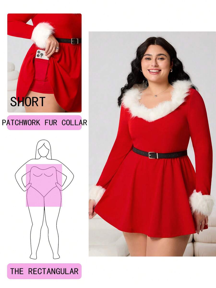 SHEIN EZwear 2025秋冬圣诞外出、约会、休闲、通勤、派对、居家、时尚都市、多场景、百搭、可外穿或内搭、白色毛领拼接、保暖、红色、大码连体裤 - 彩色 - 查看 1