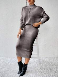 RosyDaze 2pcs/Set Casual Solid Color Knit Stand Collar Long Sleeve Top And Skirt Modest Two Pieces Set Grey Dress Women Grey Two Pieces Set Minimalist Clothes Women - Coffee Brown - View 3