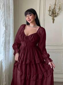 Lyrianda 新款优雅雪纺纹理波点蝴蝶结装饰胸罩杯长袖A字连衣裙，收腰修身荷叶边连衣裙 - 酒紅色 - 查看 5