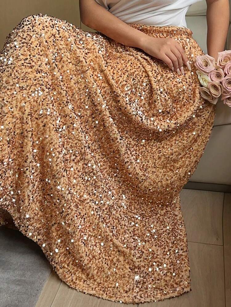 Dazy Plus Valentine Plus Size Sequin Elastic Waist Maxi A-Line Skirt, Autumn/Winter New Years Women