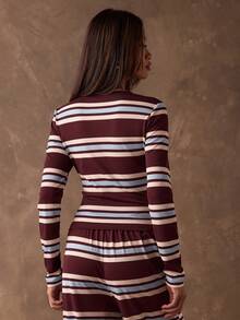 SHEIN BAE Women's Burgundy Casual Striped Print Button-Down Front Opening Slim Fit Long Sleeve T-Shirt / Park Outing / Country Home Top / Casual Top / Striped Top / Basic Style / New Year Casual Top/Casual Women Outfits/Going Out Tops For Women/Long Sleeve Tops For Women/Red Top Long Sleeve Striped Top - Burgundy - View 2