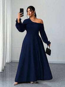 Elenzga Váy maxi xẻ tà cao dáng chữ A dài tay, cổ lệch, lãng mạn, thanh lịch dành cho tiệc/đám cưới cỡ lớn dành cho nữ, mùa xuân/thu/đông - Màu xanh hải quân - Xem 5