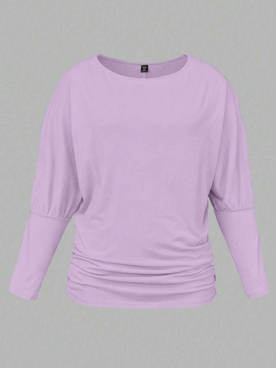 SHEIN LUNE Áo thun dệt kim dài tay cổ tròn màu trơn thường ngày cỡ lớn dành cho nữ, mùa thu/đông - Màu tím hoa cà - Xem 1