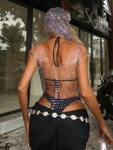 Swim SXY Women's Rhinestone Fishnet Sexy Deep V Neck Crop Top Cover Up Bikini Hollow Out Tank Tops, Suitable For Holiday Parties And Carnivals - Black - View 2