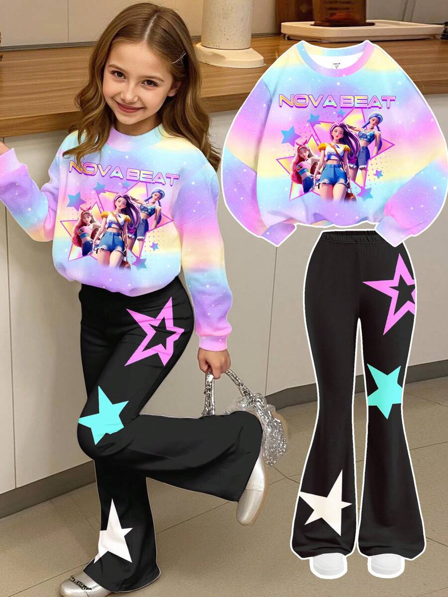 两件套少女休闲时尚街头风针织圆领渐变韩流明星字母印花宽松卫衣搭配修身喇叭裤，返校季、舒适、充满圣诞气息、圣诞礼物、秋冬装 - 彩色 - 查看 1