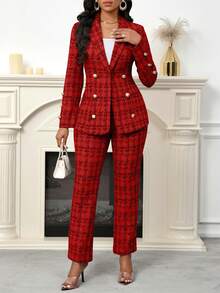 SHEIN Lady Bộ đồ hai mảnh vải tuýt đen in họa tiết dành cho nữ Bộ đồ hai mảnh thanh lịch dành cho nữ khi đi làm - Đỏ - Xem 3