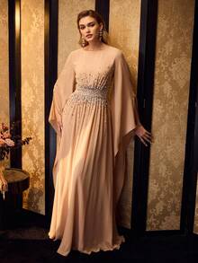 MOTF Soiréza WOMEN'S ELEGANT ROUND NECK ULTRA-LONG SLIT SLEEVE FLOOR-LENGTH PARTY GOWN – RHINESTONE FAUX PEARL BEADED CHIFFON DRESS, IDEAL FOR PARTIES, GALAS & NYE - Khaki - View 5