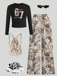 SHEIN ChillGRL 女童67号印花上衣和直筒工装裤套装（2件套），时尚休闲街头风 - 黑色 - 查看 2