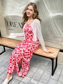 Teen Girl Solid Color Long Sleeve Mesh Jacket And Heart Print Camisole Dress Set - Multicolor - View 3