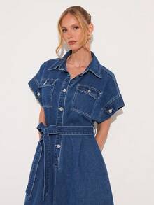 COSMINA Denim Vestido vaquero de manga corta con botones frontales, bolsillos y cintura con lazo, vestido vaquero elegante para ir al trabajo, vestido vaquero azul de manga corta, vestido vaquero casual para salidas y compras, vestido vaquero holgado, ajuste favorecedor, vestido vaquero para primavera/verano - Azul - Ver 3