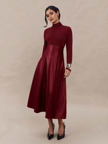 Modelyn 女士纯色立领修身优雅长袖中长连衣裙 - 酒紅色 - 查看 5