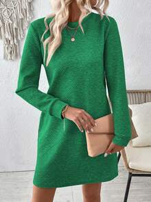 SHEIN LUNE Solid Color Round Neck Casual Versatile Long Sleeve Dress - Green - View 6