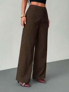 SHEIN PETITE 女士休闲纯色高腰直筒裤 - 棕色 - 查看 5