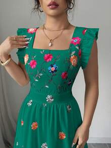 Elenzga Đầm suông cổ vuông tay lửng in họa tiết nhiều màu sắc thời trang đi nghỉ thường ngày cho nữ - màu xanh lá - Xem 3