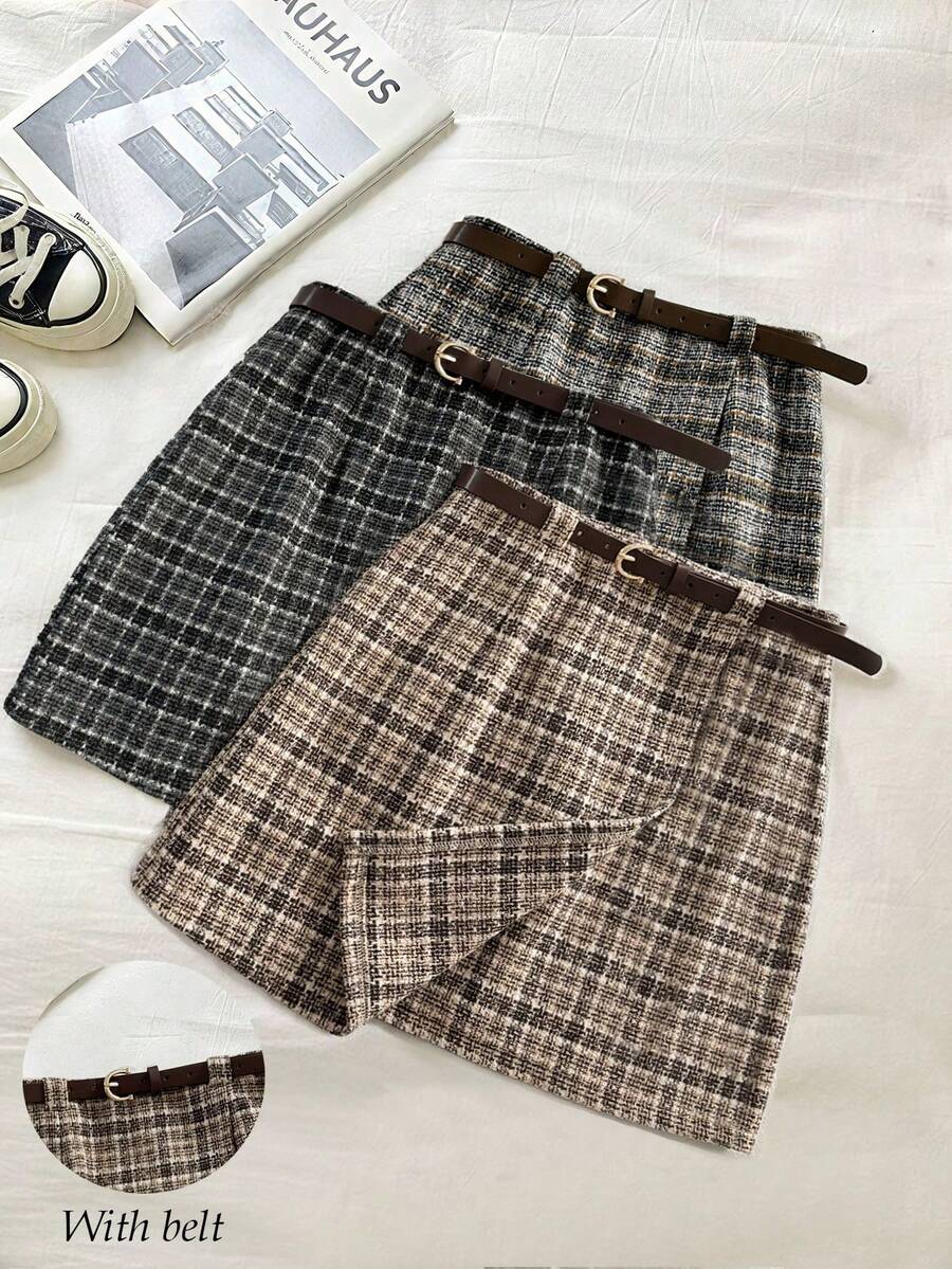 Franclia 返校季休闲百搭复古格纹柔软拉绒材质不对称下摆配腰带春秋卡其色女短裙女裙短裙女裙秋季女装秋装女装返校服