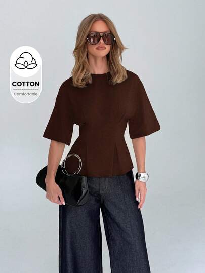 AiiRZ Top peplum à manches cloche en coton, taille ajustée, t-shirt à taille empire, silhouette haute, design minimaliste, style kimono, élégant, tenue de travail, vêtement de bureau formel