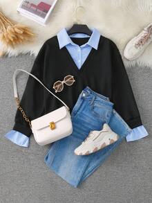 INAWLY Women's Striped Patchwork Turndown Collar Casual Versatile Long Sleeve Sweatshirt - Black - View 1