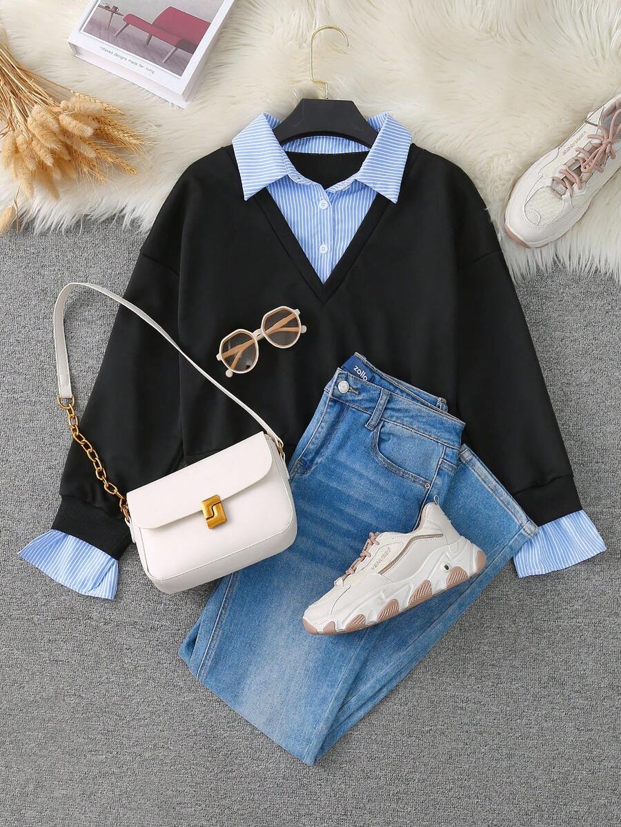 INAWLY Women's Striped Patchwork Turndown Collar Casual Versatile Long Sleeve Sweatshirt - Black - View 1