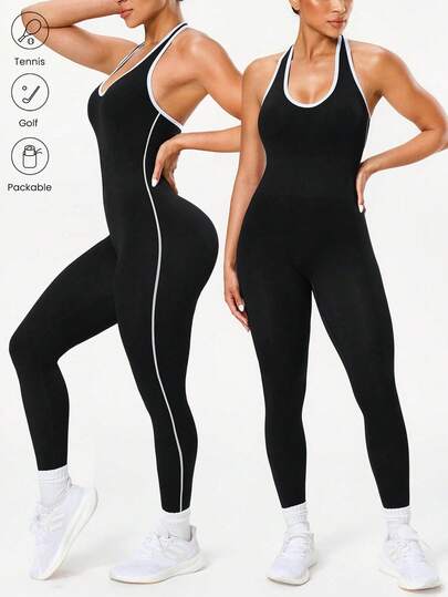 Seamluxe SHEIN Sport 女式无缝黑色挂脖运动连体裤七分裤