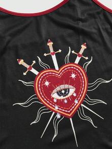 ROMWE Goth Conjunto de pijama informal de camiseta y pantalones cortos con estampado de ojo, corazón, estrella y gema y ribete de contraste en estilo gótico - Negro - Ver 3