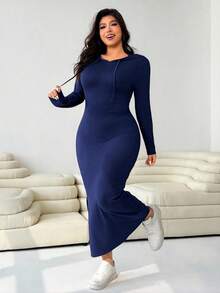 Solflare Plus Size Women's Hooded Drawstring Slim Fit Long Sleeve Ribbed Dress, Autumn/Winter,Fall,Back To School - Navy Blue - View 6