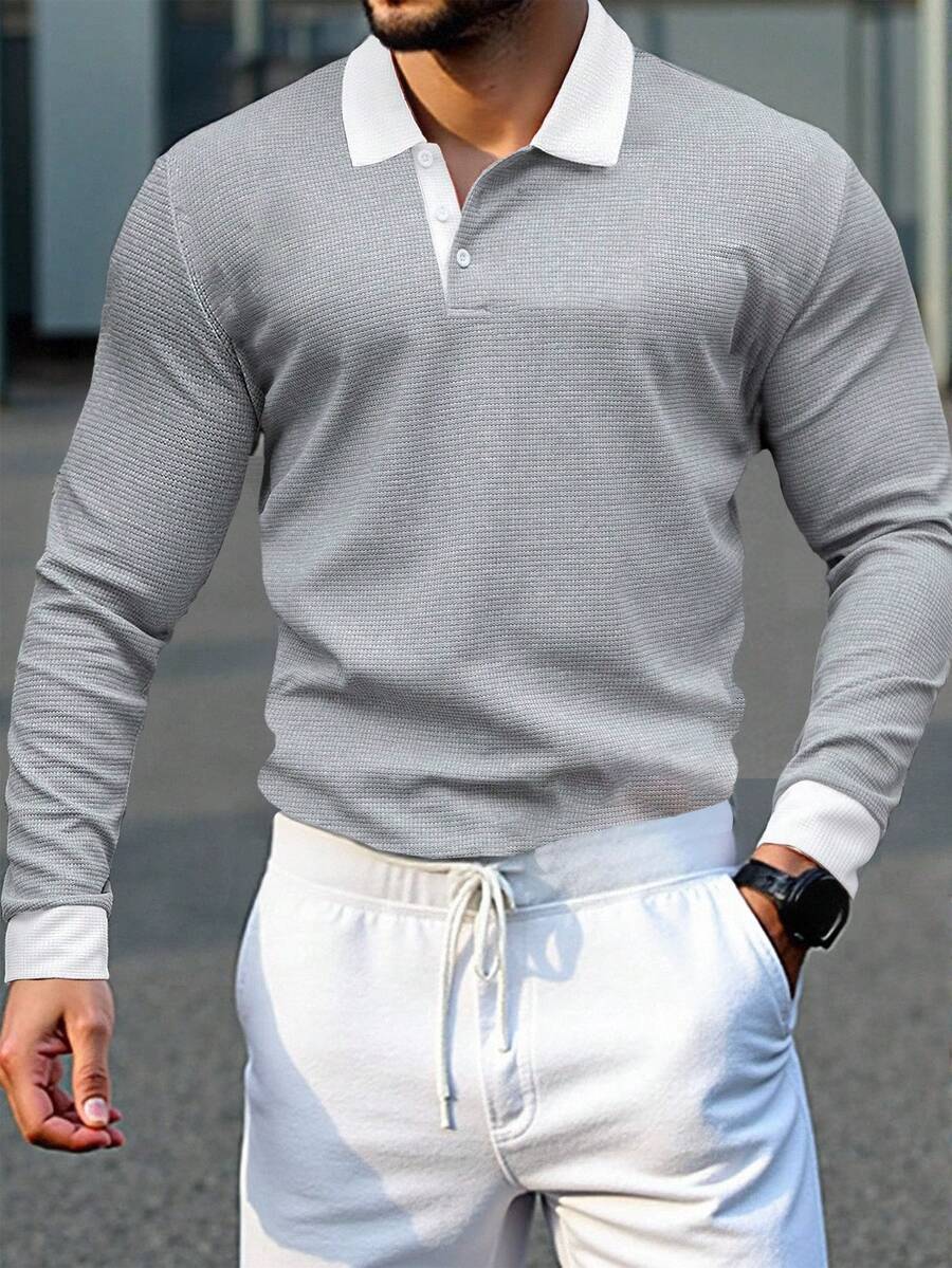 Manfinity CasualCool 男士休闲撞色长袖Polo衫，秋季男士针织衫，男士翻领Polo衫，男士长袖Polo衫 - 淺灰色 - 查看 1