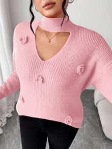 Elenzga Áo len dài tay cổ tròn choker móc vai màu trơn thanh lịch dành cho nữ cỡ lớn, thích hợp cho ngày Valentine, mùa Thu/Đông. - Hồng - Xem 3