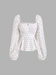 SHEIN Sweetro 女士杏色波点方领长袖衬衫，春秋季 - 杏色 - 查看 1