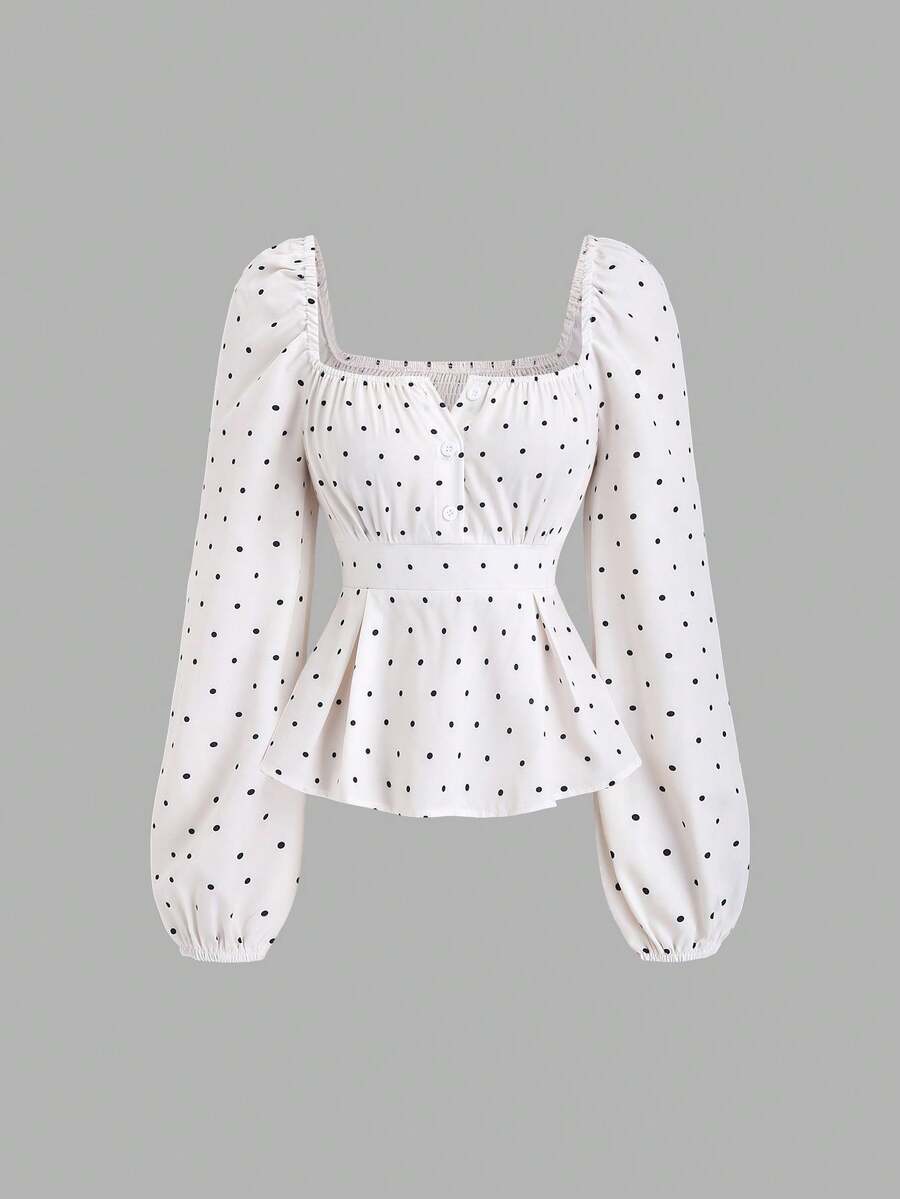 SHEIN Sweetro 女士杏色波点方领长袖衬衫，春秋季 - 杏色 - 查看 1